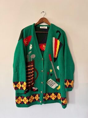 Vintage 90s Karen Scott Handknit Golf Sweater Cardigan Open Knit Gift 2X